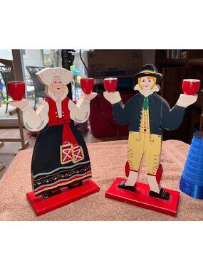 Vintage Pair Hand-Painted IKEA Scandinavian Wooden Candle Holders Red Base